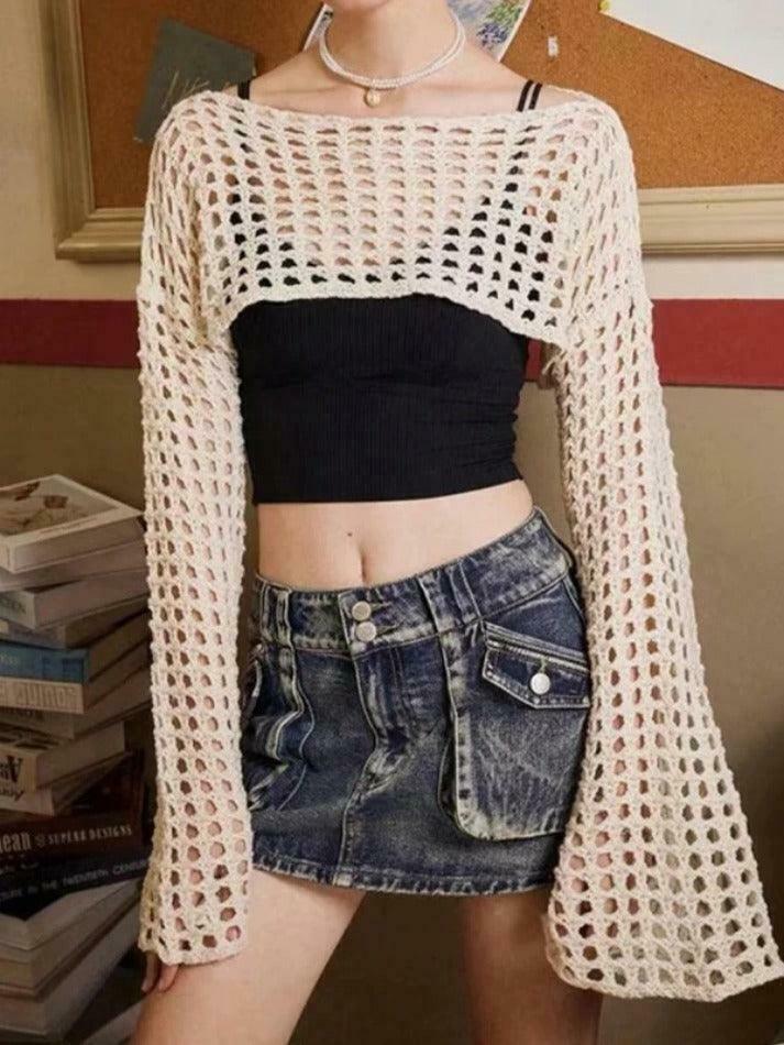 Coquette Aesthetic Cargo Skirt with All Over Cutout Flare Sleeve Knit