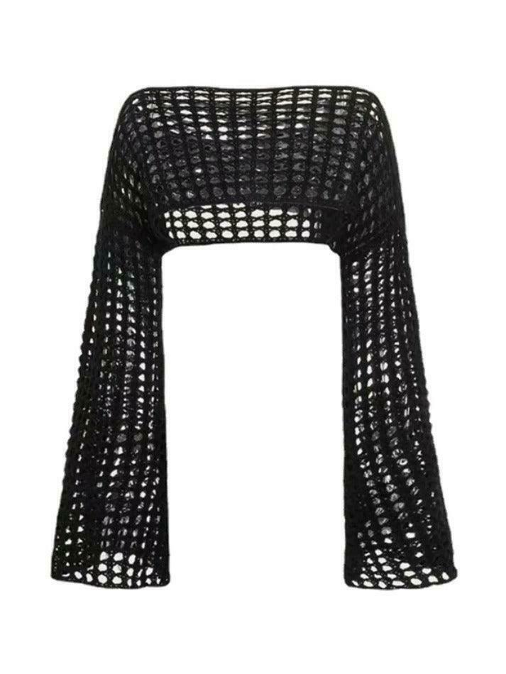 Coquette Aesthetic Cargo Skirt with All Over Cutout Flare Sleeve Knit