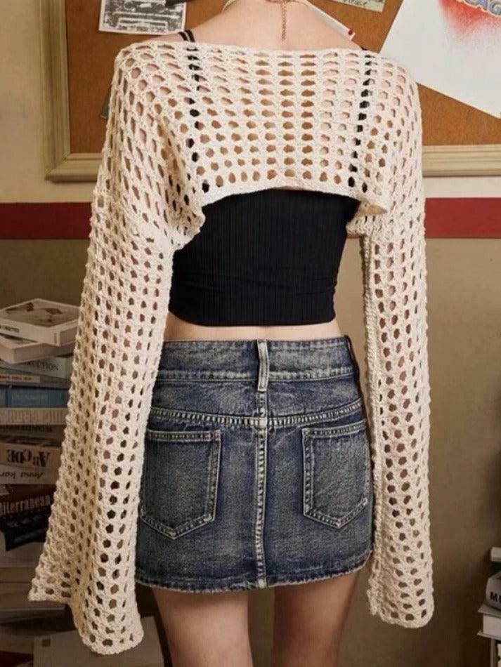 Coquette Aesthetic Cargo Skirt with All Over Cutout Flare Sleeve Knit
