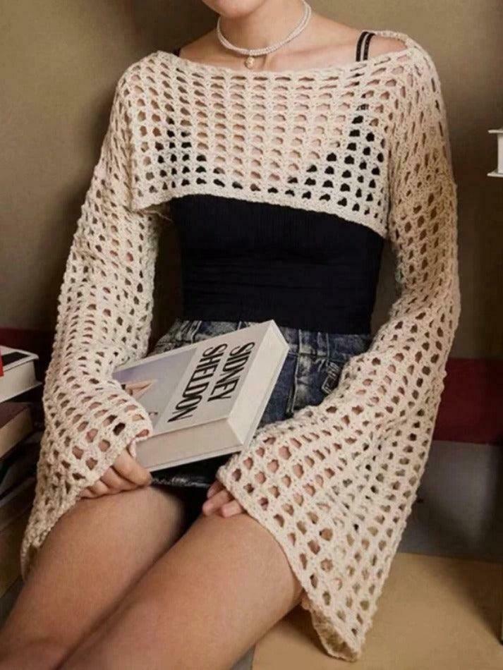 Coquette Aesthetic Cargo Skirt with All Over Cutout Flare Sleeve Knit