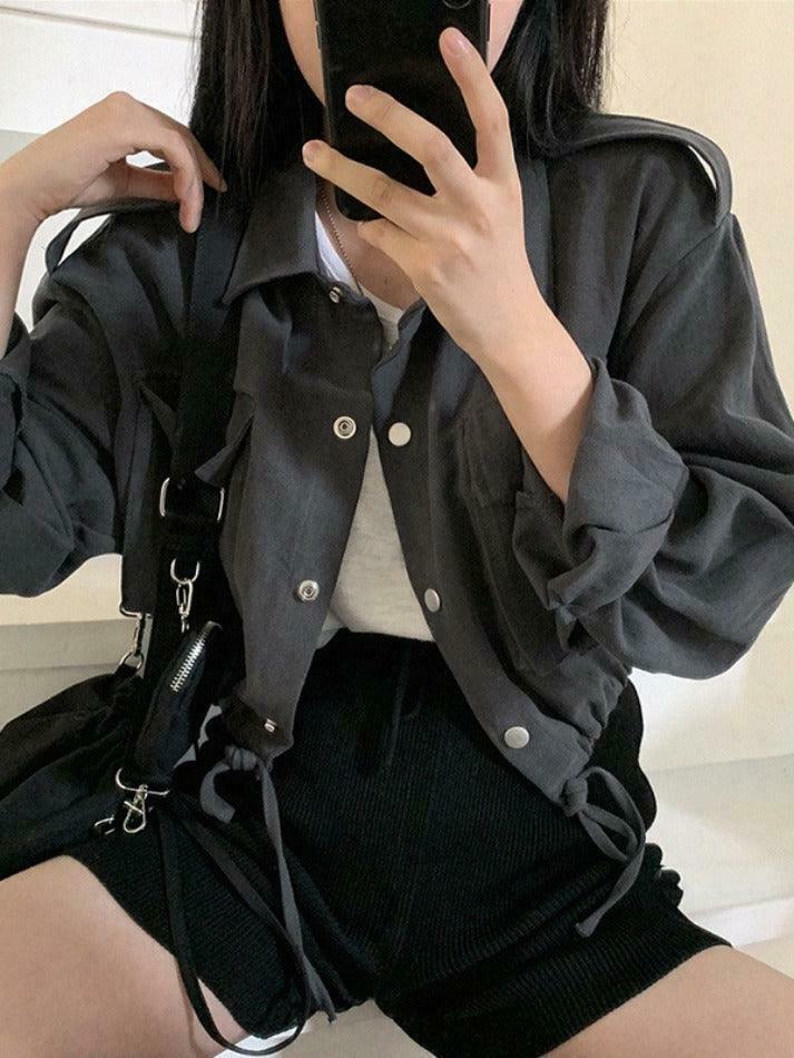 Coquette Aesthetic Cargo Skirt with Snap Button Drawstring - Grunge Style Cute Tops for Women