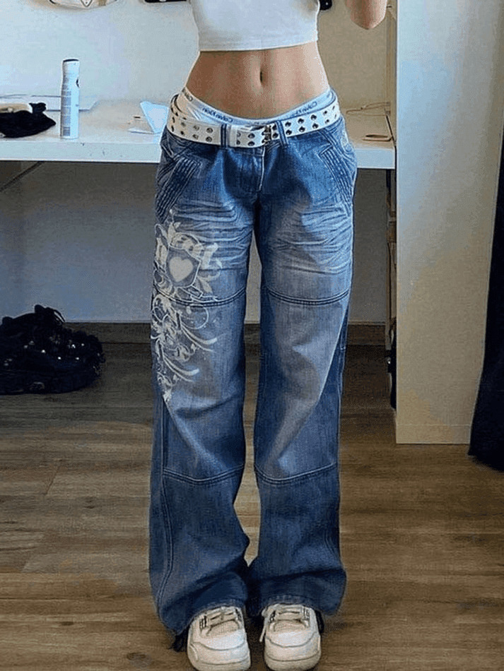 Coquette Aesthetic Cargo Skirt with Washed Heart Pattern - Y2K Fashion for Women