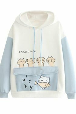Coquette Aesthetic Cat Print Color Block Hoodie - Y2K Fashion Statement for Women