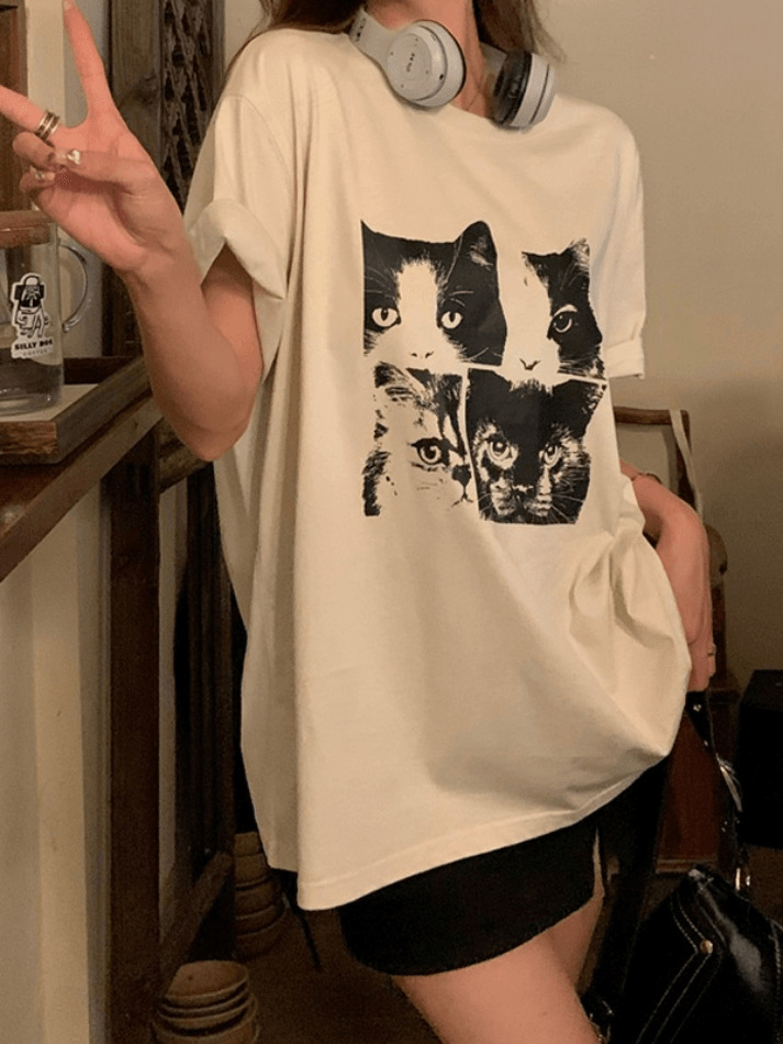 Coquette Aesthetic Cat Print Oversized Tee - Y2K Fashion Grunge Style Cute Tops Women's Fashion