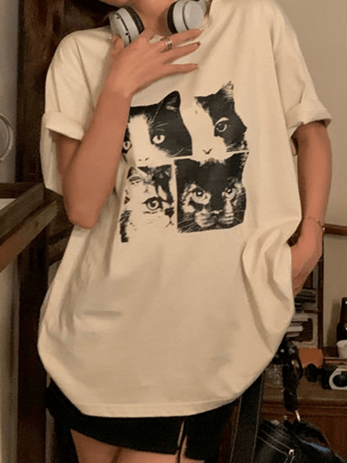 Coquette Aesthetic Cat Print Oversized Tee - Y2K Fashion Grunge Style Cute Tops Women's Fashion
