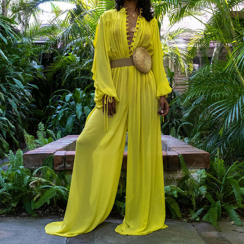 Coquette Aesthetic Chiffon Jumpsuit: Y2K Fashion Wide-Leg Outfit for Women