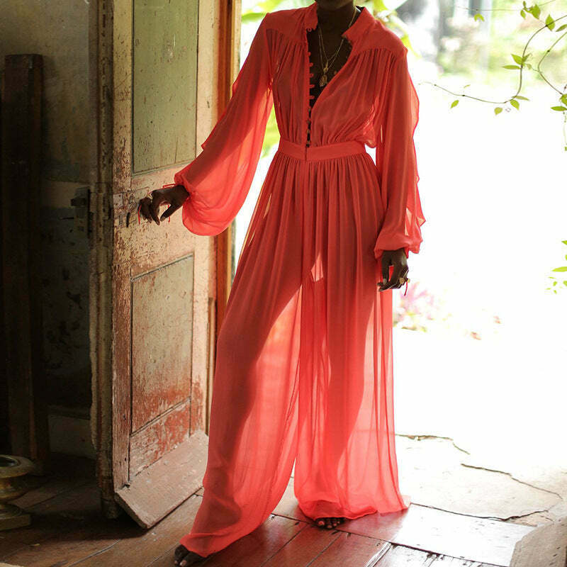 Coquette Aesthetic Chiffon Jumpsuit: Y2K Fashion Wide-Leg Outfit for Women