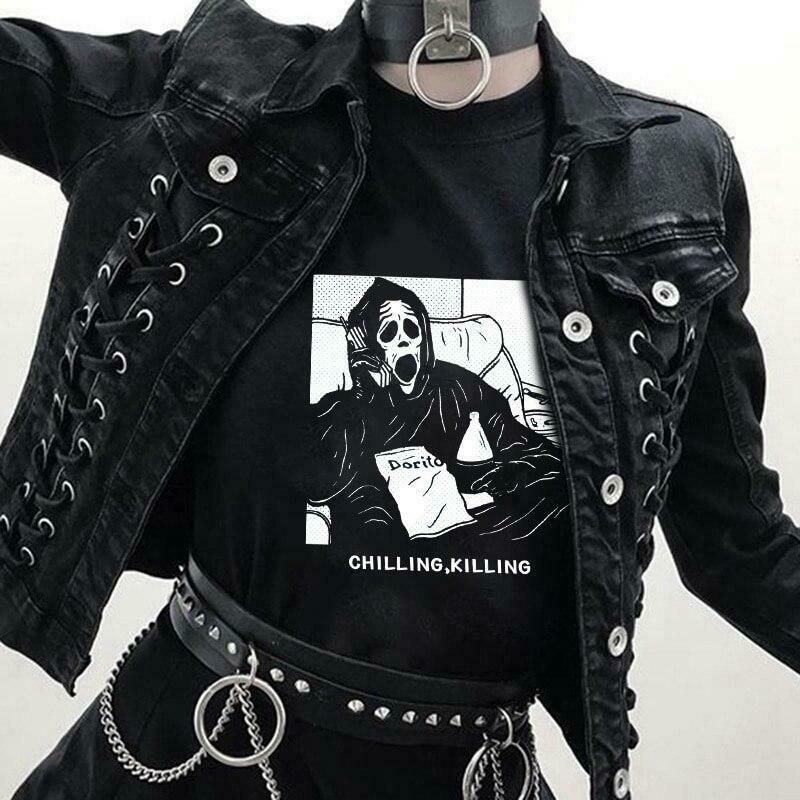 Coquette Aesthetic Chilling Killing T-Shirt - Y2K Fashion Grunge Style Cute Tops Pastel Goth