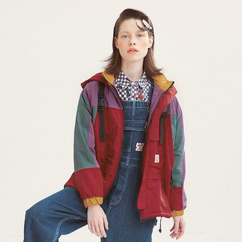 Coquette Aesthetic Color Block Hooded Coat with Patched Pockets