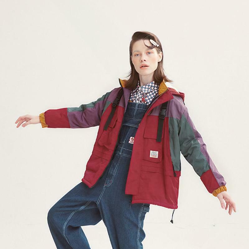 Coquette Aesthetic Color Block Hooded Coat with Patched Pockets