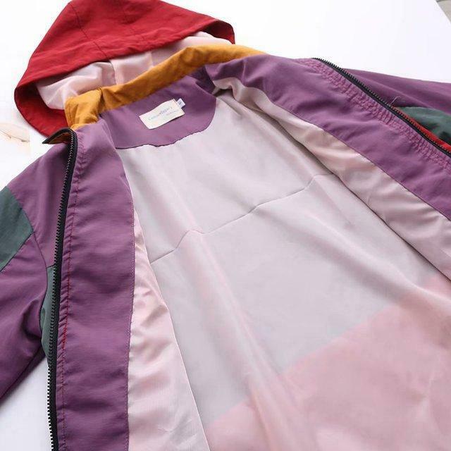Coquette Aesthetic Color Block Hooded Coat with Patched Pockets