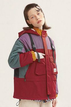 Coquette Aesthetic Color Block Hooded Coat with Patched Pockets