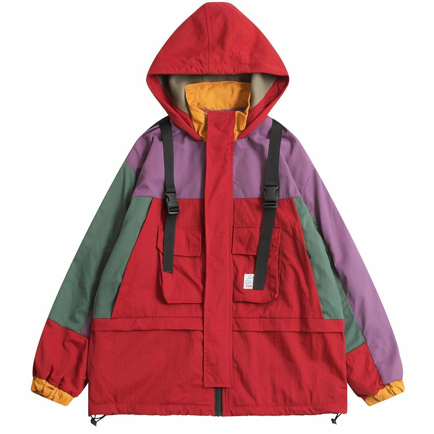 Coquette Aesthetic Color Block Hooded Coat with Patched Pockets