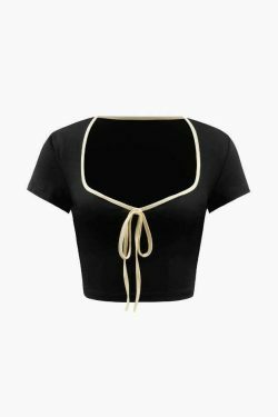 Coquette Aesthetic Contrast Binding Square Neck T-Shirt and Bootcut Pants Set