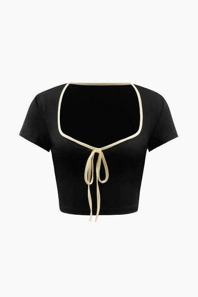Coquette Aesthetic Contrast Binding Square Neck T-Shirt and Bootcut Pants Set