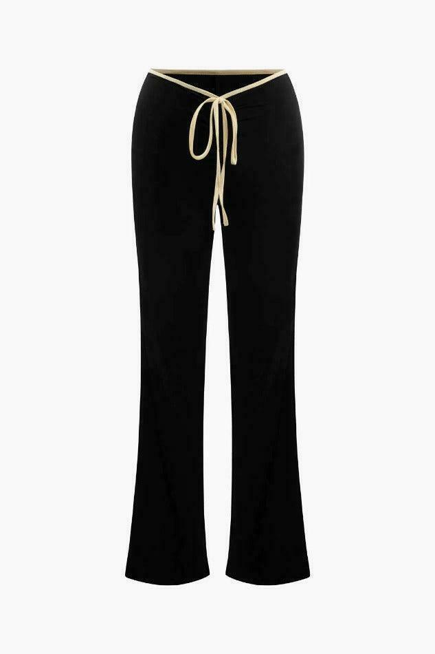 Coquette Aesthetic Contrast Binding Square Neck T-Shirt and Bootcut Pants Set