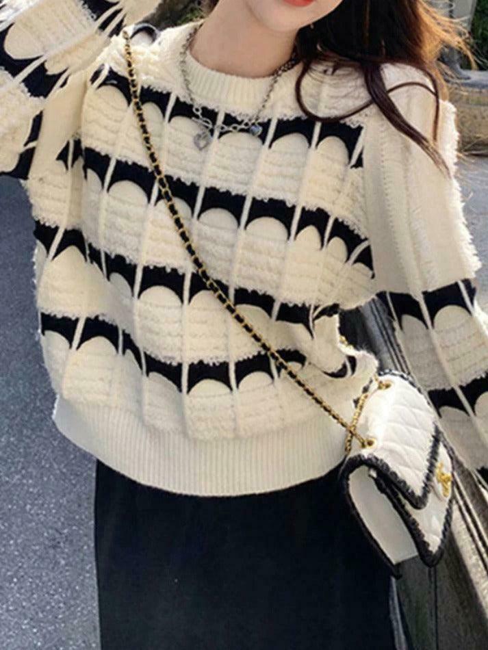 Coquette Aesthetic Contrast Color Jacquard Crew Neck Sweater