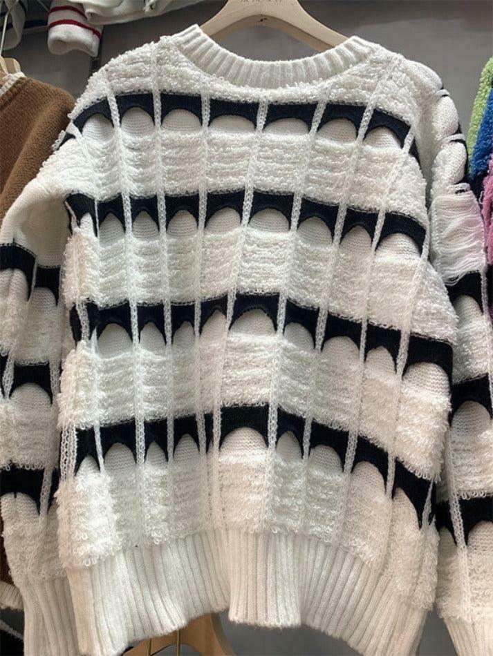 Coquette Aesthetic Contrast Color Jacquard Crew Neck Sweater