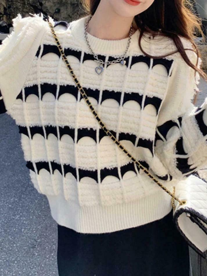 Coquette Aesthetic Contrast Color Jacquard Crew Neck Sweater