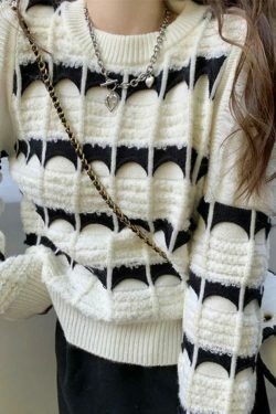 Coquette Aesthetic Contrast Color Jacquard Crew Neck Sweater
