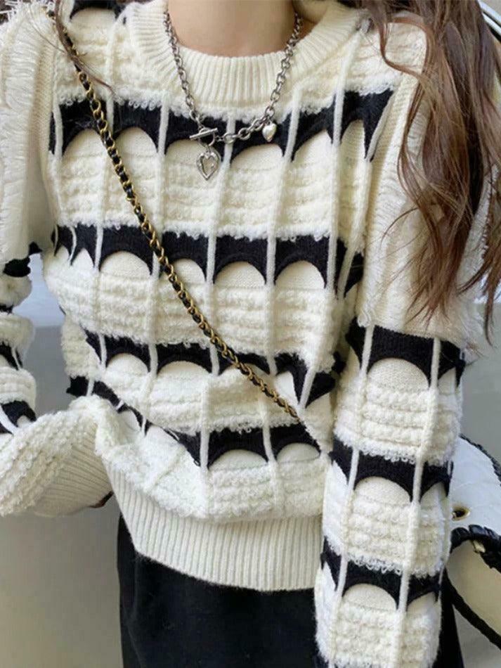Coquette Aesthetic Contrast Color Jacquard Crew Neck Sweater