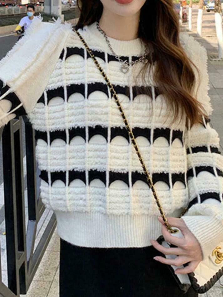 Coquette Aesthetic Contrast Color Jacquard Crew Neck Sweater