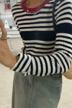 Coquette Aesthetic Contrast Color Stripe Slim Knit Sweater