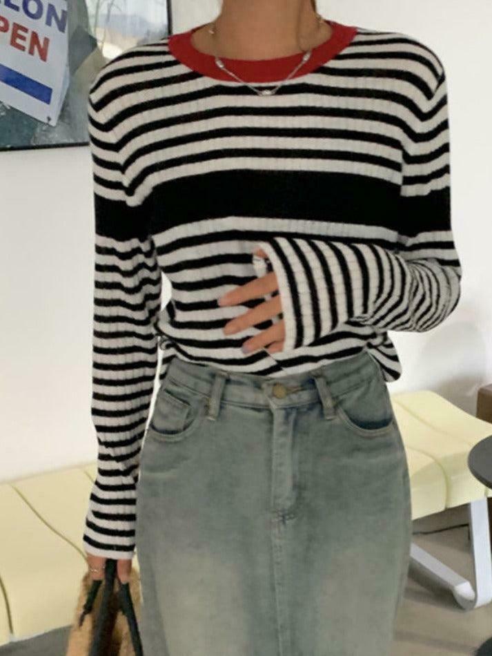 Coquette Aesthetic Contrast Color Stripe Slim Knit Sweater