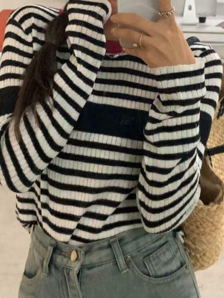Coquette Aesthetic Contrast Color Stripe Slim Knit Sweater