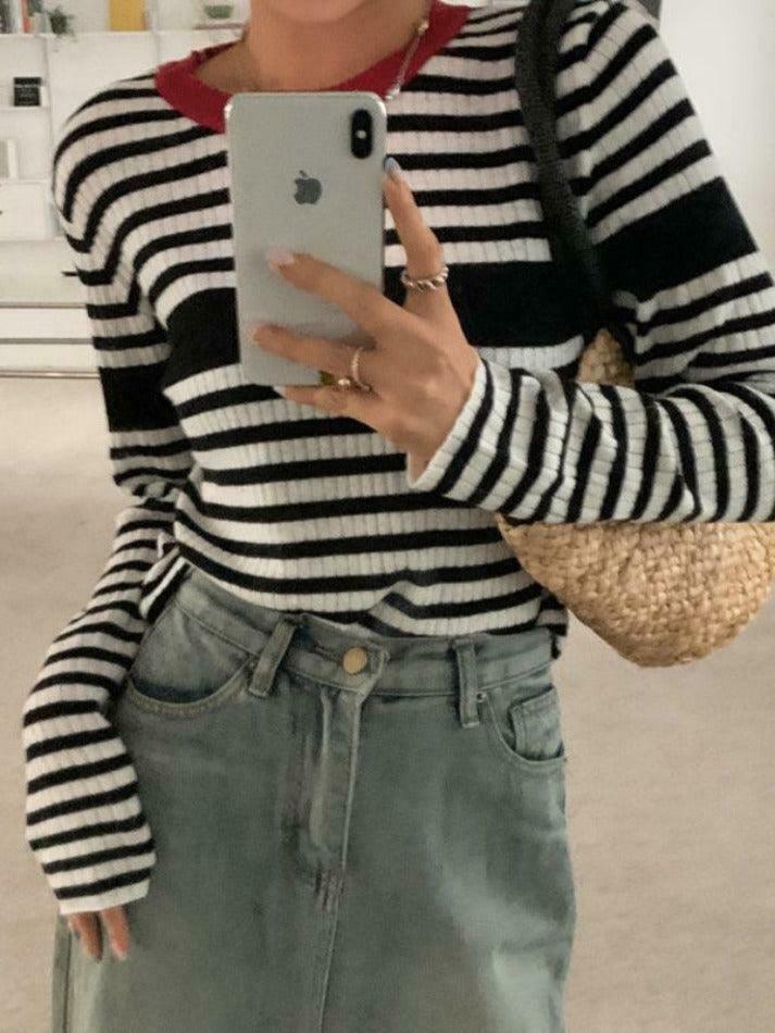 Coquette Aesthetic Contrast Color Stripe Slim Knit Sweater