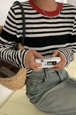 Coquette Aesthetic Contrast Color Stripe Slim Knit Sweater