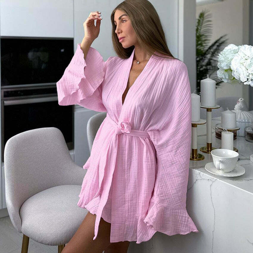 Coquette Aesthetic Crepe Cotton Shirt Pajama Dress - Y2K Fashion Women's Clothing