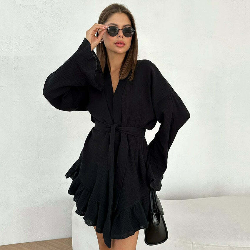 Coquette Aesthetic Crepe Cotton Shirt Pajama Dress - Y2K Fashion Women's Clothing