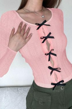 Coquette Aesthetic Cutout Bow Decor Slim Long Sleeve Knit Sweater