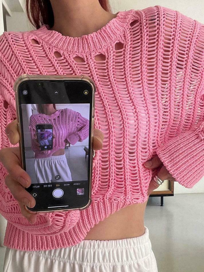 Coquette Aesthetic Cutout Crop Knit: Y2K Fashion Long Sleeve Top