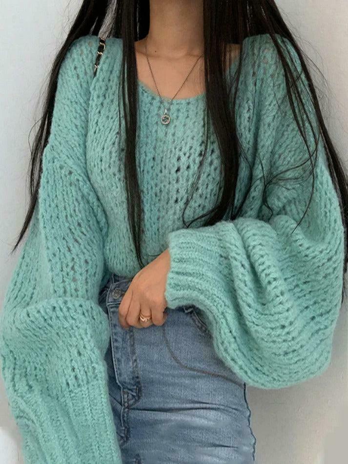 Coquette Aesthetic Cutout Lantern Sleeve Baggy Sweater for Y2K Fashion Enthusiasts