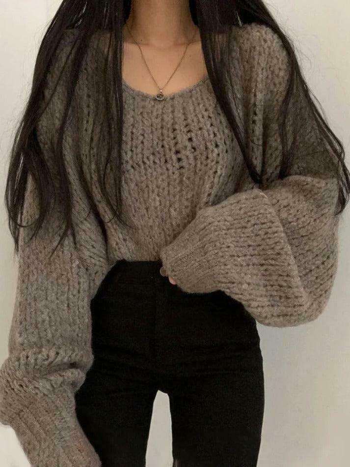 Coquette Aesthetic Cutout Lantern Sleeve Baggy Sweater for Y2K Fashion Enthusiasts