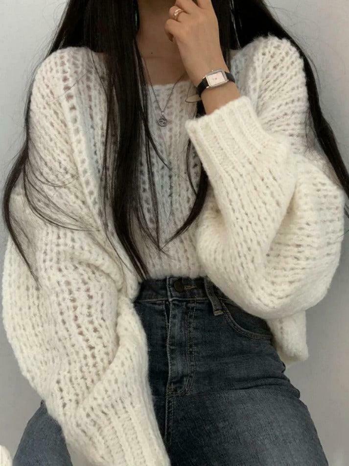 Coquette Aesthetic Cutout Lantern Sleeve Baggy Sweater for Y2K Fashion Enthusiasts