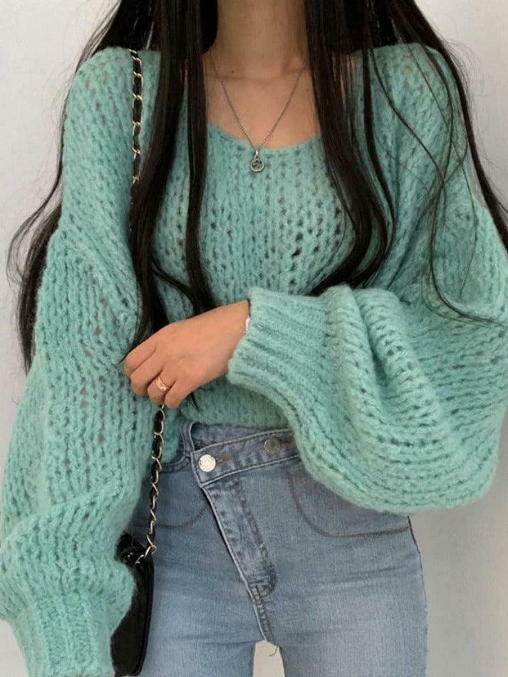 Coquette Aesthetic Cutout Lantern Sleeve Baggy Sweater for Y2K Fashion Enthusiasts