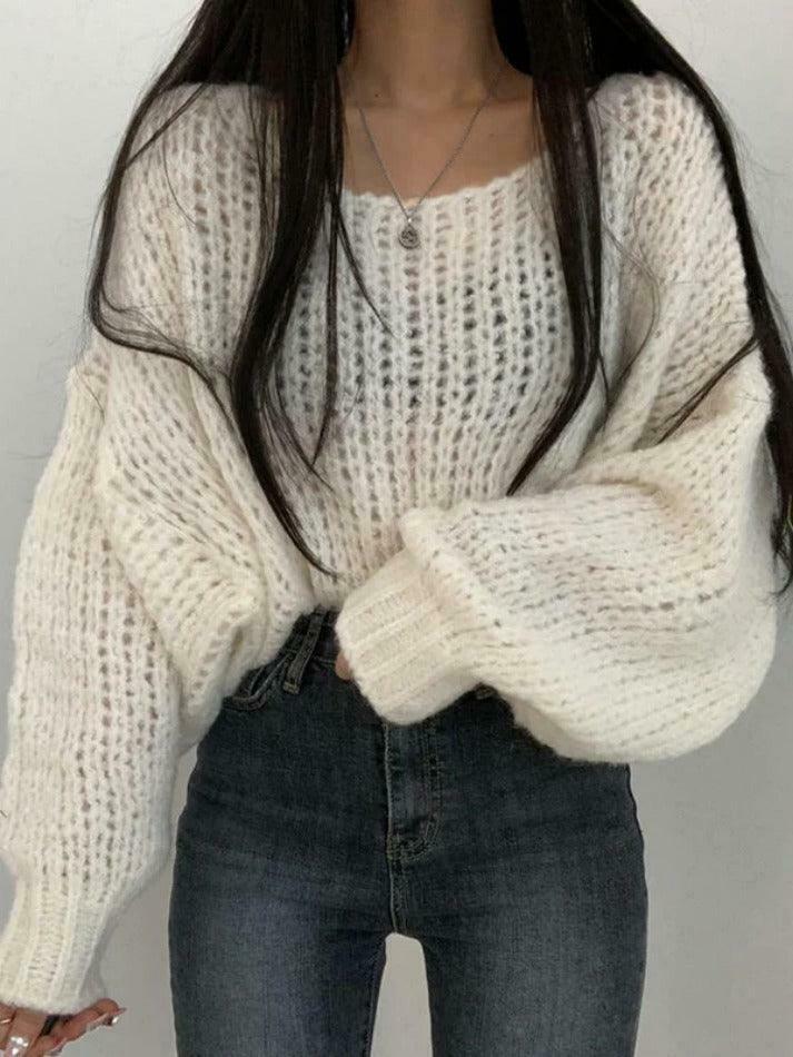 Coquette Aesthetic Cutout Lantern Sleeve Baggy Sweater for Y2K Fashion Enthusiasts