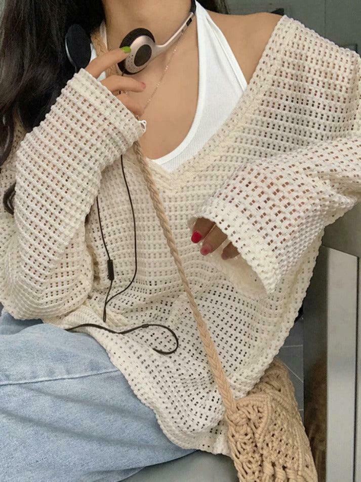 Coquette Aesthetic Cutout V-Neck Knit Sweater - Y2K Fashion Grunge Style Women's Clothing