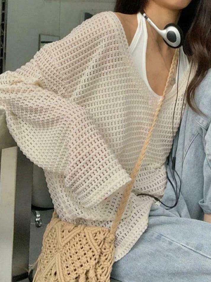 Coquette Aesthetic Cutout V-Neck Knit Sweater - Y2K Fashion Grunge Style Women's Clothing