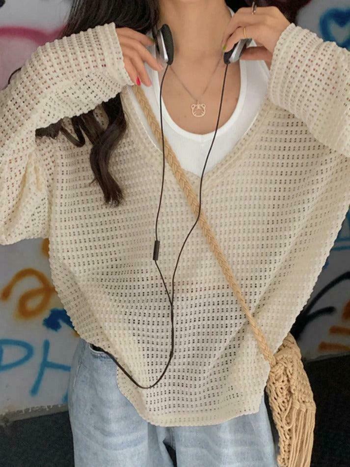 Coquette Aesthetic Cutout V-Neck Knit Sweater - Y2K Fashion Grunge Style Women's Clothing
