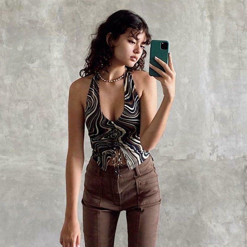 Coquette Aesthetic Daisy Halter Top - Y2K Fashion V-Neck Style