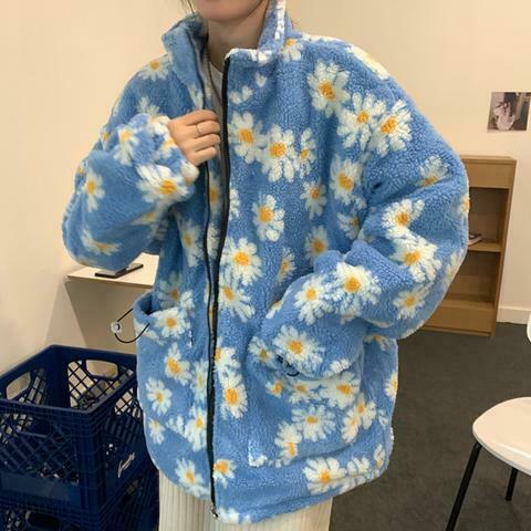 Coquette Aesthetic Daisy Sherpa Jacket - Y2K Fashion Women's Outerwear
