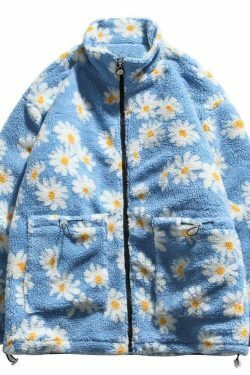 Coquette Aesthetic Daisy Sherpa Jacket - Y2K Fashion Women's Outerwear