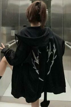 Coquette Aesthetic Demon Horn Fleece Lined Zip Up Hoodie