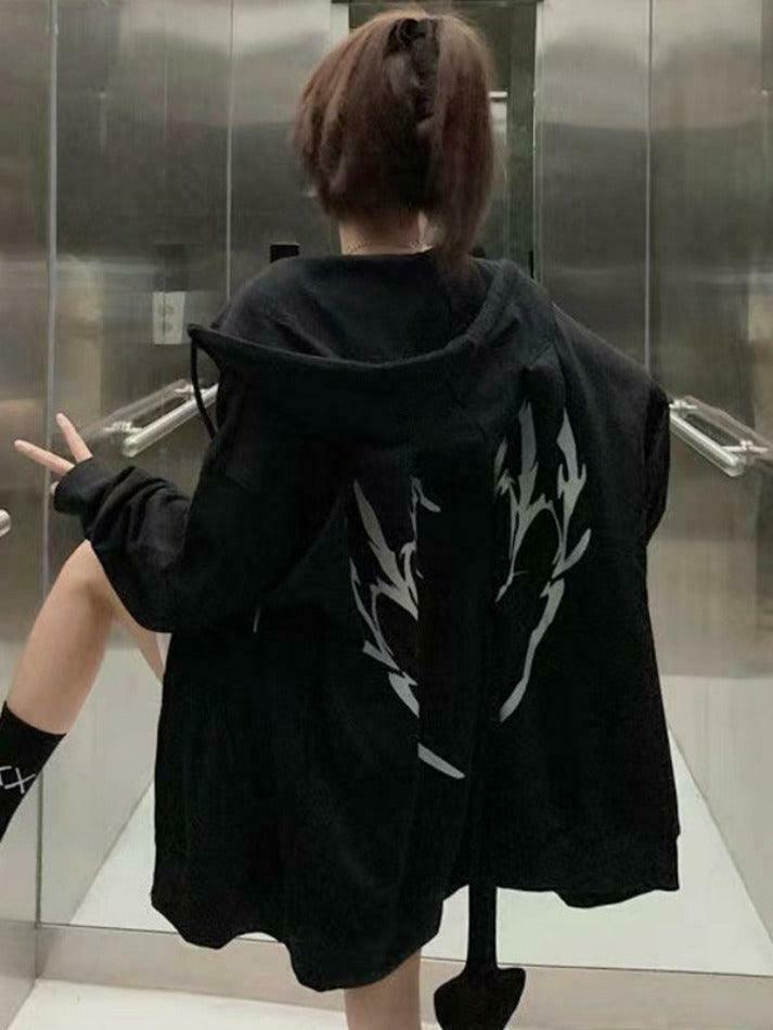 Coquette Aesthetic Demon Horn Fleece Lined Zip Up Hoodie