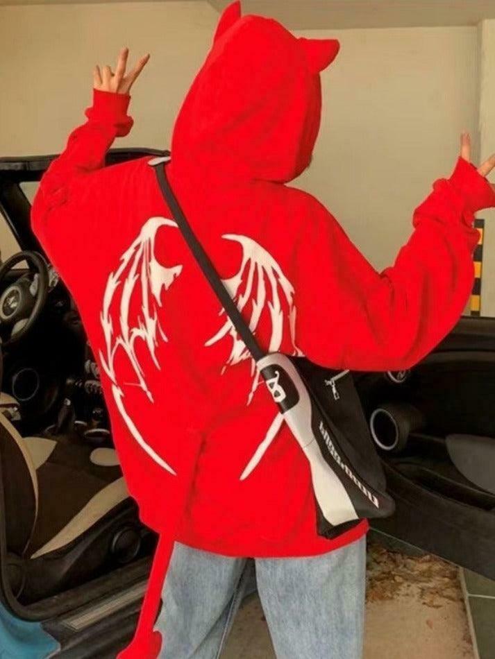 Coquette Aesthetic Demon Horn Fleece Lined Zip Up Hoodie