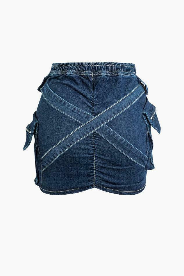Coquette Aesthetic Denim Cargo Skirt with V-Waist Buckle & Flap Pockets
